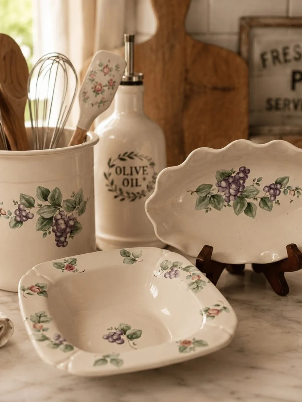 Vintage Pfaltzgraff Grapevine Embossed Utensil Holder, Relish Dish, Square Bowl